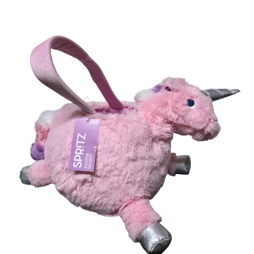 Spritz Pink Plush Unicorn Easter Basket Silver Horn Shimmer Hooves NWT 2021